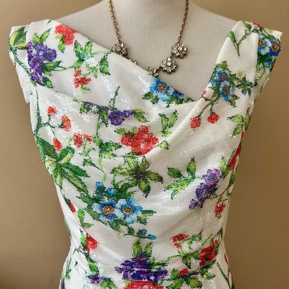 Black Halo Jackie O Sheath Dress White Floral Sequin Garden Party Sheath Size 6 - Picture 6 of 11